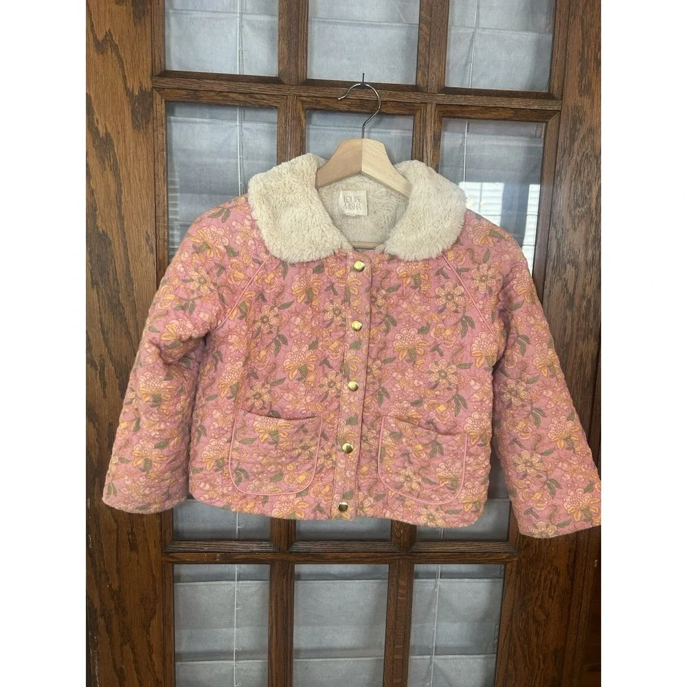 Louise Misha Jasmina Quilted Floral Jacket with Faux Fur Collar - Pink